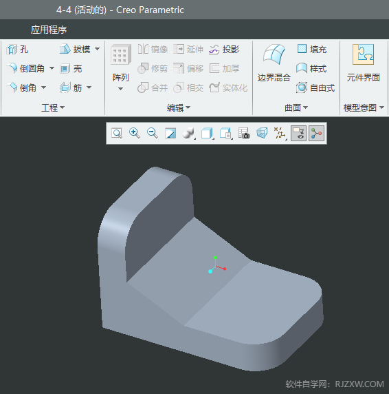 CREO以線型顯示模型，其中隱藏線顯示為淺色。第1步